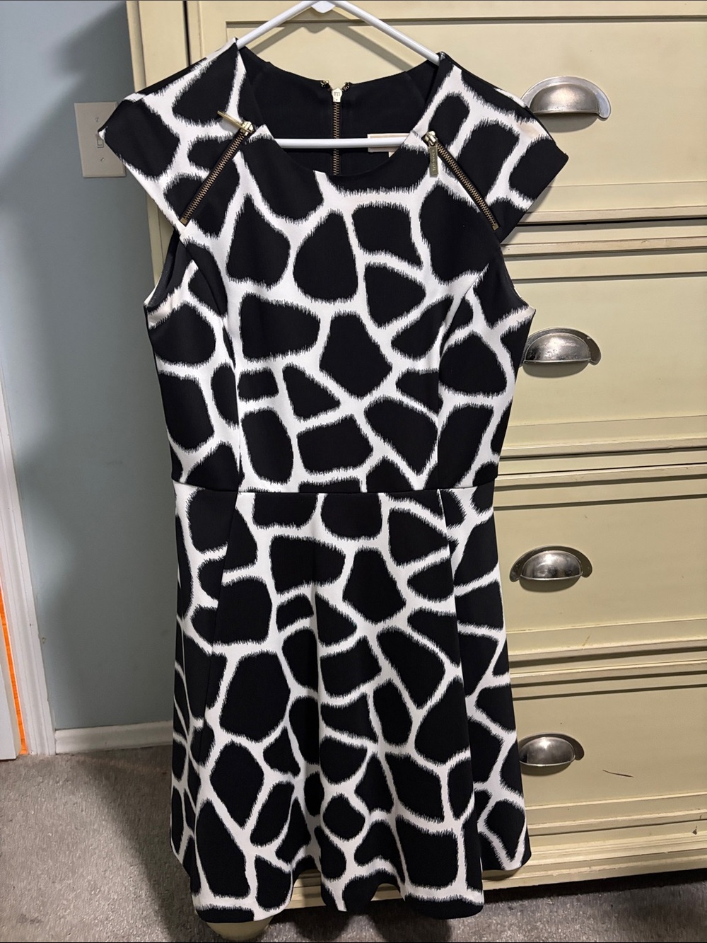 Michael Kors Black and White Giraffe-Print Mini Dress with Gold Zips